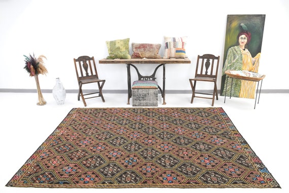 6x8 Rugs, 6x8 FADED VINTAGE KILIM Rug, 6x8, Kilim Area Rug, Wool Handwoven Kilims, Red & Black Kilim, Kilim Rug 6x8, Rug For Living Room