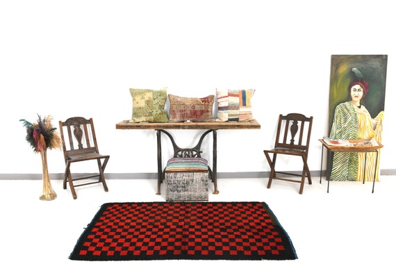 3x6 Area Rug, 3x6 Red & Black Checkered Kilim Rug, 3x6 Kilim Rug, Chunky Handmade Wool Rug, 3x6 Rug, Chess Puzzle Style, Rug For Bedroom 54s