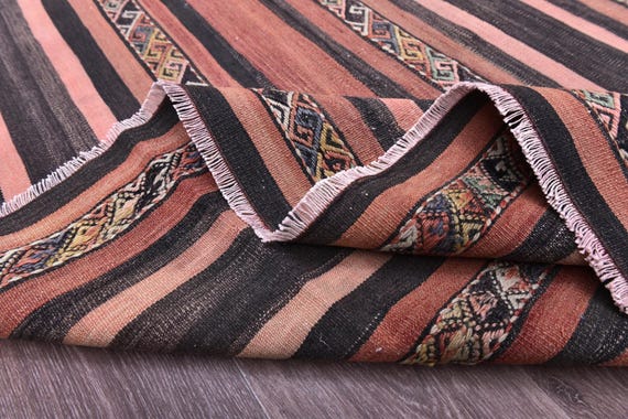 5x8 Vintage Striped Turkish Kilim Rug, 5x8 Faded Kilim Rug, 5x8 Area Rug, Handmade Kilim, Black Burgundy Kilim Rug, 5x8 Wool Jute Rug