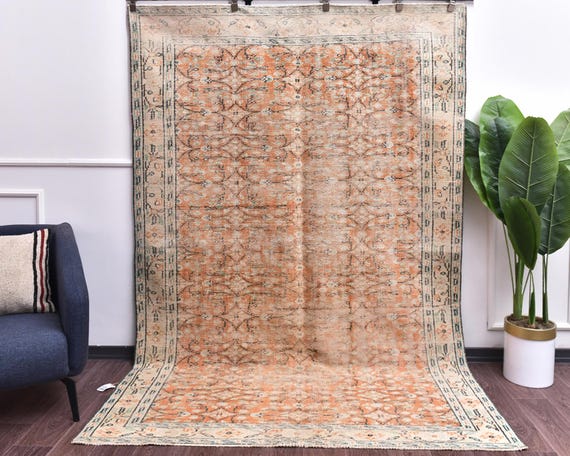 6x9 Neutral Vintage Faded Turkish Handmade Floral Copper Rug, Outlet, Pastel Color