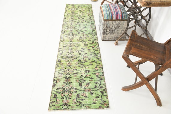 2x8 Vintage Runner, 2x8 Oushak Vintage Runner Rug, 2x8, Wool Handmade Turkey, Green & Black Vintage Rug, Farmhouse Floral Style, Anatolian