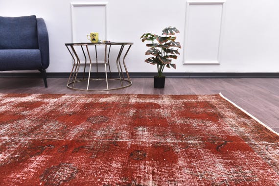 6x9 Vintage Distresset Overdyed Rug, Handmade Wool Rug, 6x9 Red White Color, Abstrach Patterned Rug, Farmhouse Rug, 6x9 Living Room Rug