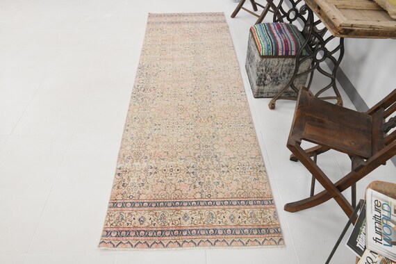 3x9 PERSIAN RUNNER RUG, 3x9 Vintage Persian Runner Rug 3x9 Wool Handmade Persian 3x9 Runner Rug Beige Blue Persian 3x9 Vintage Runner