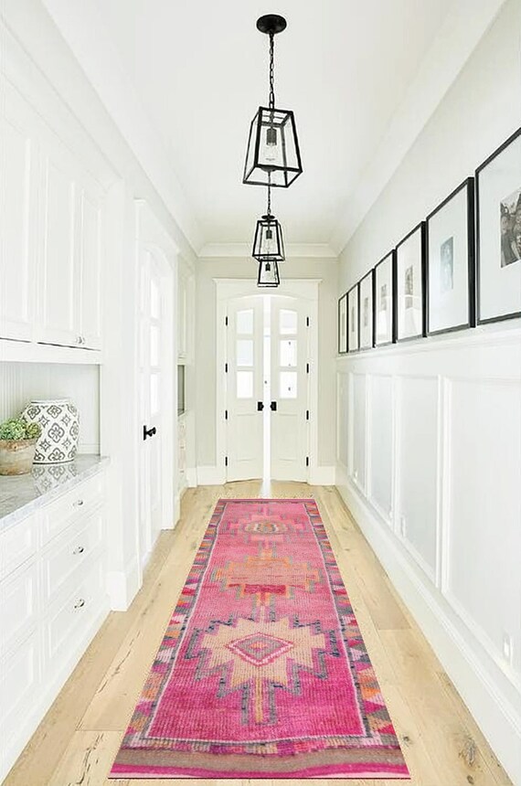 3x11 Runner Rug, 3x11 Vintage Herki, 3x11 Turkish Vintage Herki Runner Rug, 3x11, Oushak Handmade Herki, 3x11 Rugs, Pink Orange Rug, Antique