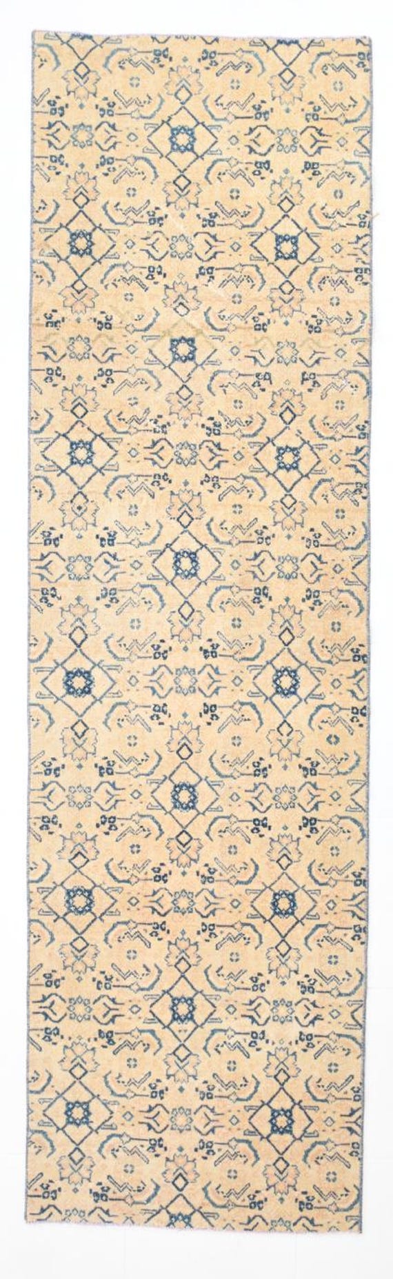 2x9 Vintage Turkish Runner Rug, Beige Blue Color Runner Rug, 2x9 Hallway Rug, 2x9 Handmade Runner Rug, Step Rug, Doorway Rug