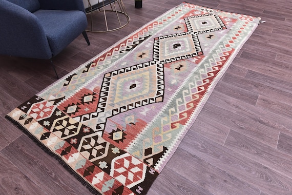 4x10 Vintage Faded Turkish Kilim Rug, 4x10 Handmade Wool Jute Rug, Red Green Black Purple Color, 4x10 Kilim Rug, Farmhouse Decor, 4x10 Rugs