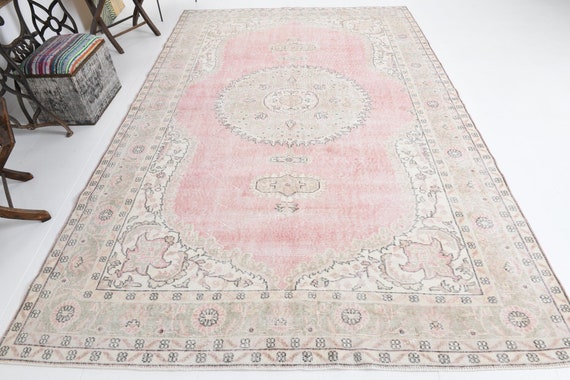 7x10 Area Rug, 7x10 Pink Vintage, Oversized Vintage Rug, Large Area Rug, 7x10, Handmade Wool Rug, 7x10 Rugs, 7x10 Vintage Rugs For Bedroom