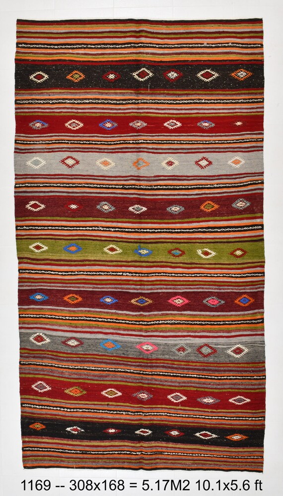 5x10 Area Rug, 5x10 TURKİSH VİNTAGE KİLİM Rug, 5x10 Rug, Wool Handmade Oushak Rug, Turkey Kilim. Green Red, Modern Ethnic Carpet, 5x10 Kilim