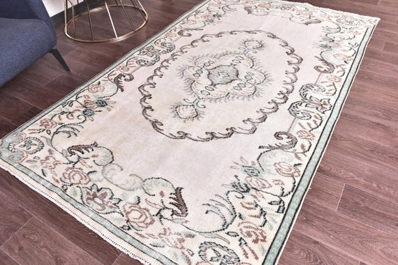 5x8 Vintage Turkish Rug, 5x8 Handmade Wool Rug, Mint Green Beige Color, 5x8 Medallion Design, Faded Rug, 5x8 Areas Rug, Living Room Rug