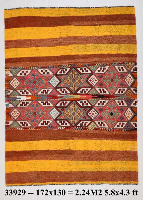 4x5 SMALL SİZE KİLİM Rug, Vintage Kilim Yellow And Red Smal Size Area Rug, Bohemian & Eclectic Style, Daimond Antique Dining Room Tapis Rugs