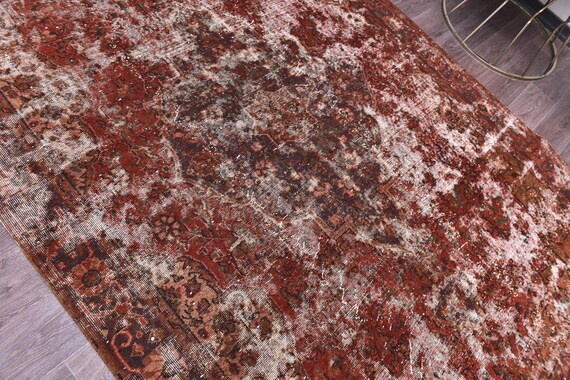 6x9 Vintage Burgundy Distressed Area Rug, Modern Home Decor, Handmade Wool, Living Room Design, Mustard Color