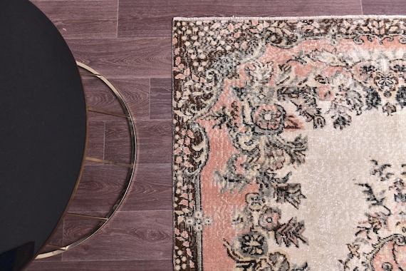 5x9 Vintage Salmon Brown Rug, Handmade Wool Rug, 5x9 Salmon Brown Cream Color, 5x9 Farmhouse Rug, 5x9 Living Room Bedroom Rug, Medallion Rug