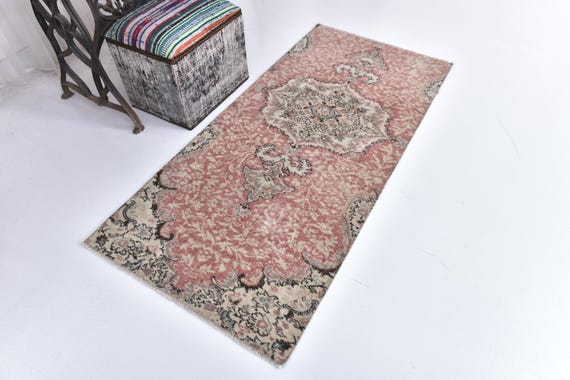 2x6 Vintage Small Runner Rug, 2x6 Handmade Geometric Runner, Salmon Cream Color, 2x6 Elegant Runner, 2x6 Hallway Rug, 2x6 Kithcen Runner Rug