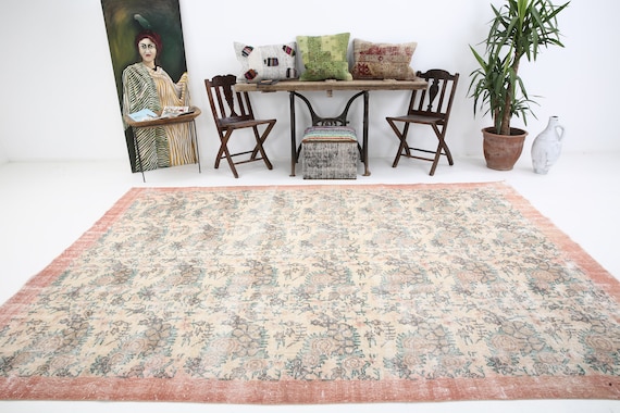 7x10 Area Rug, 7x10 Neutral Vintage, Oversize Vintage Rug, Large Area Rug, 7x10, Handmade Wool Rug, 7x10 Rug, Red Beige Carpet, Bohemian 56s