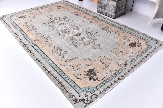 5x8 Turkish Faded Rug, Peach Blue Color, 5x8 Handmade Wool Rug, Living Room Bedroom Rug, 5x8 Antique Geometric Rug, 5x8 Oushak Rug, 5x8 Rug