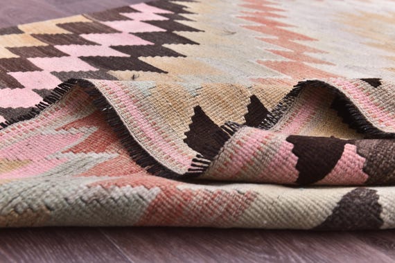 5x10 Vintage Turkish Faded Kilim Rug, 5x10 Handmade Wool Jute Kilim Rug, Brown Pink Green Color, 5x10 Traditional Turkish Rug, 5x10 Area Rug