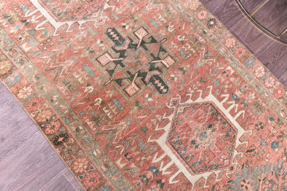 3x13 Antique Persian Runner Rug, 3x13, Handmade Persian Heriz, Pale Red Green Color, 3x13 Runner Rug, 3x13 Heriz Runner For Hallway 56s