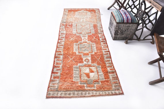 3x9 Vintage Runner Rug, 3x9 Orange Beige Vintage Runner Rug, Wool Handmade Rug, 3x9 Rugs, Orange Beige Carpet, 3x9 Turkish Runner, Entrway
