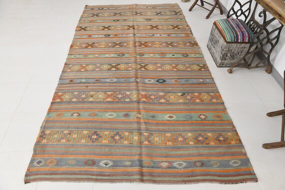 5x10 VINTAGE TURKISH KILIM Rug, 5x10, Handmade Oushak Rug, Blue & Orange Kilim Rug, 5x10 Area Rug, Turkish Kilim Rug, Ethnic Boho Style Rugs