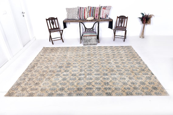 7x10 Pale Orange & Blue Vintage Rug, Oversize Vintage Rug, Large Area Rug, 7x10 Rugs, Handmade Wool Rug, Blue Orange Carpet, Antique 57s