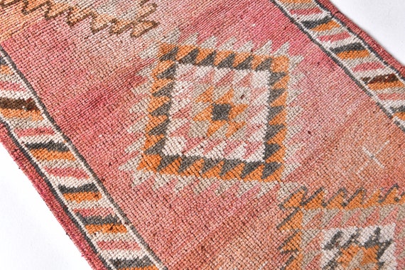 3x13 Vintage Runner Rug, Antique Tapestry, 3x13 Antique Runner Rug, Hallway Rug, Geometric Pattern Rug, Red Orange Black Color Runner Rug