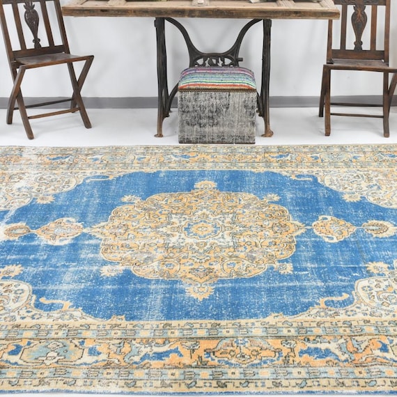 7x10 Vintage Orange Blue Area Rug, 7x10 Handmade Wool Rug, Elegant Blue Oriental Rug, 7x10 Living Room Rug, 7x10 Area Rug,