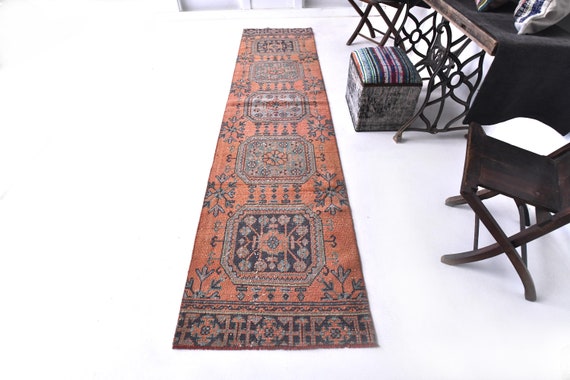2x11 Runner Rug - 2x11 Vintage Runner - 2x11 Dark Blue Orange Vintage Runner Rug - 2x11 Rugs - Long Handmade Aesthetic - Vintage Runner 2x11