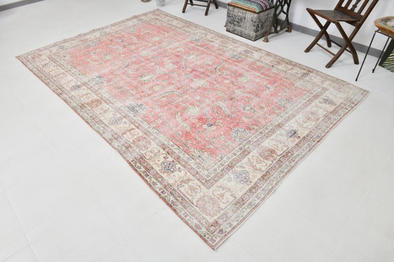 7x10 Faded Red and Beige Vintage Rug, 7x10 Oversize Rug, Large Area Rug, Handmade Wool Rug, 7x10 Area Rug, 1960s Antique, Oversize