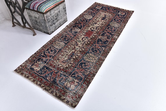 3x7 Vintage Turkish Peach Accent Rug, Peach Blue Beige Color, Handmade Wool, 3x7 Accent Rug, Medallion Design, 4x7 Living Room Bedroom Rug