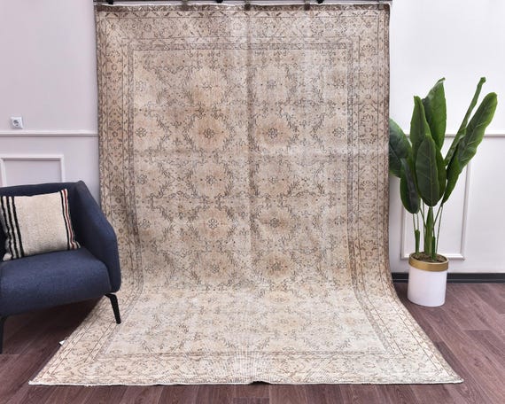 7x10 Vintage Faded Oriental Handmade Wool Room Rug, Taupe Color, Outlet