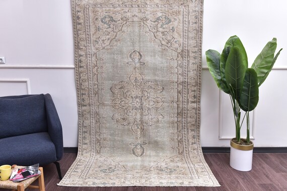 5x8 Vintage Faded Handmade Wool Rug, Taupe Green Color, Living Room Rug. Outlet Rug