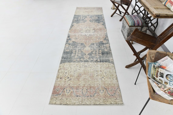 3x12 Frost Turkısh Vıntage Runner Rug, 3x12 Runner Rug, Wool Hand-Made Oushak, Frost Pink & Blue Vintage Rug, Turkish Runner 3x12, Antique