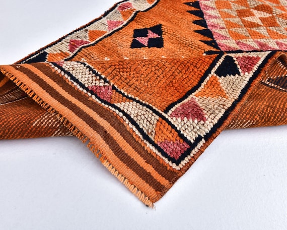 3x11 Pink Orange Vintage Runner Rug, 3x11 TURKISH VINTAGE RUNNER, 3x11 Rug, Handmade Wool Herki, Orange & Pink Carpet, 3x11 Herki Rug, 58s