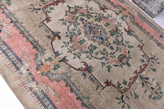 7x10 Vintage Faded Area Rug, Brown Pink Color Rug, 7x10 Rug, 7x10 Handmade Wool Rug, 7x10 Area Rug, Turkish Distressed Rug, Farmhouse Decor,