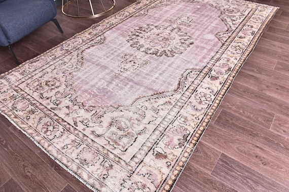 6x10 Vintage Faded Medallion Rug, Purple Brown Color, 6x10 Handmade Wool Rug, Farmhouse Rug, 6x10 Antique Faded Rug, 6x10 living Room Rug