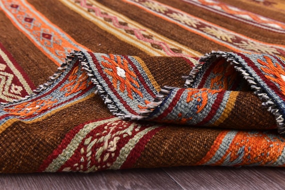 5x10 Vintage Brown Kilim Area Rug, 5x10 Handmade Wool Jute Rug, Brown Red Color, 5x10 Area Rug, Traditional Kilim Rug, 5x10 Living Room Rug
