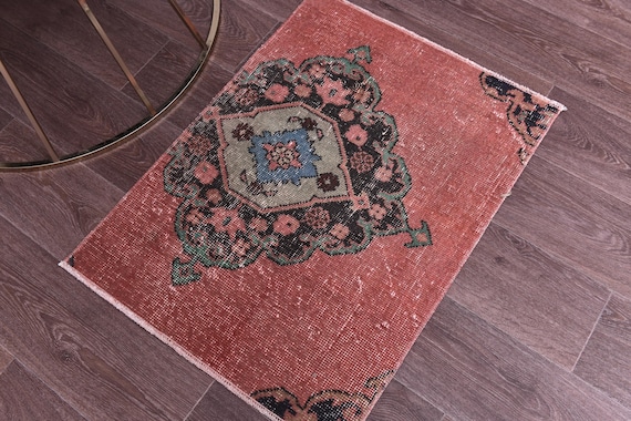 2x2 Vintage Square Doormat Rug, Salmon Blue Color, 2x2 Doormat Rug, 2x2 Rug, 2x2 Vintage Rug, Bedroom Rug, Accent Rug, Antique Rug