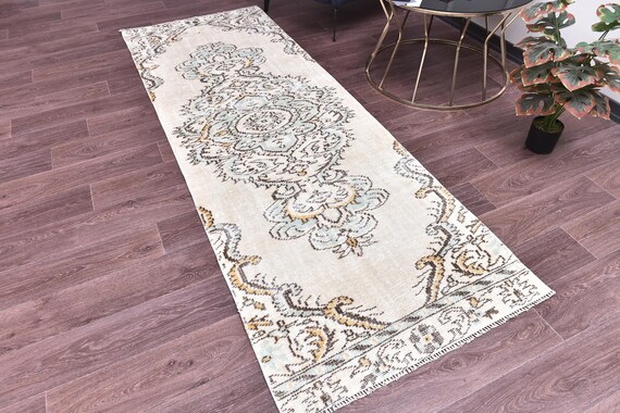 3x8 Vintage Faded Runner Rug, Handmade Wool, Farmhouse Decor, Distressed Traditional Rug, Green Cream Color