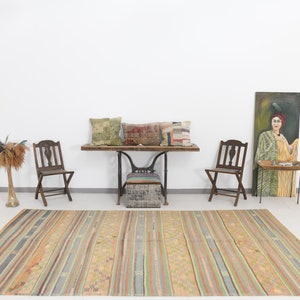 6x11 Area Rug, 6x11 Turkish Kilim, 6x11 TURKISH VINTAGE KILIM Rug, 6x11, Striped & Eclectic Style, Wool Handmade Oushak Kilim, 1961s Antique