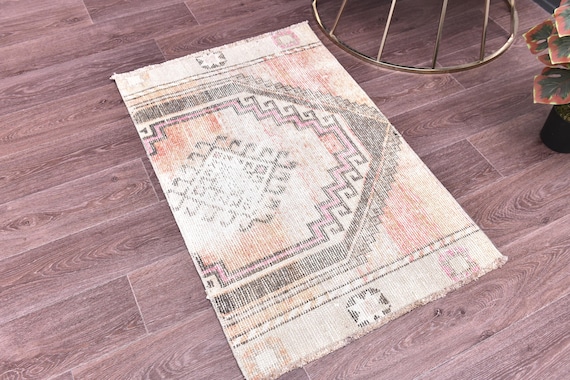 2x3 Vintage Small Accent Rug, Handmade Wool, Tribal Weave, Accent Rug, Peach Black Color