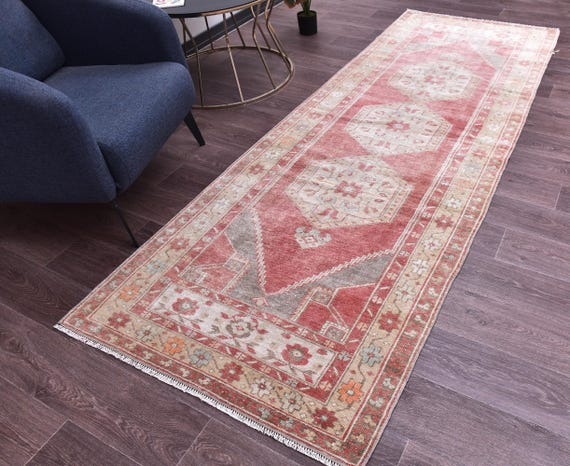 3x9 Vintage Turkish Runner Rug, 3x9 Faded Hallway Rug, Handmade Runner Rug, Vintage Home Decor, Farmhouse Rug, 3x9 Hallway Runner