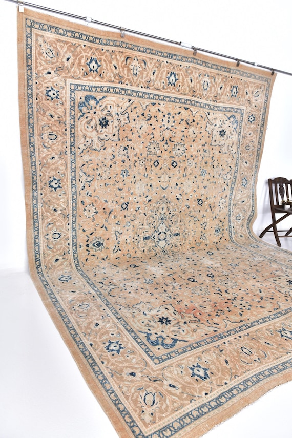 9x13 Cream Blue  Persian Rug, Extra Large Area Rug, 9x13 Rugs, Handmade Wool Persian Rug, 9x13 Persian Rug, Rug For Living Room