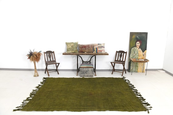 6x8 Area Rug, 6x8 Hemp Rug, 6x8 Pastel Vintage Hemp Rug, 6x8, Natural Handmade Hemp, 6x8 Rug, Green Vintage Rug, Fringed Bohemian Style, 60s