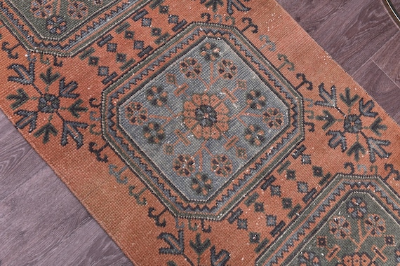 2x11 Vintage Salmon Runner Rug, 2x11 Handmade Wool Runner, 2x11 Kitchen Runner,  Farmhouse Decor, 2x11 Hallway Rug, Salmon Color Floral Rug