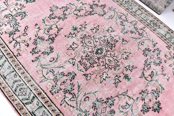 6x10 Pink Vintage Rug, 6x10 Distressed Persian Style Area Rug, Medallion Design, 6x10 Home Decor Rug, 6x10 Pink Green Rug, Handmade Wool Rug