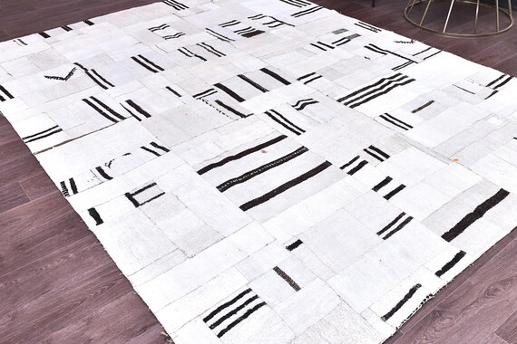 7x10 Large Patchwork Kilim Rug, Vintage Area Rug, Black White Color, 7x10 Large Area Rug, Wool Handmade Kilim, 7x10 Neutral Rug Tribal Kilim