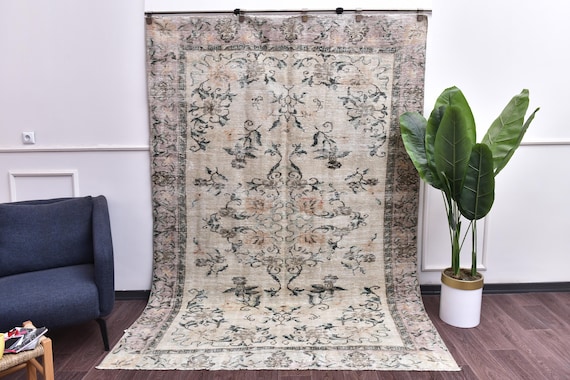 6x9 Vintage Faded Floral Handmade Rug, Cream Green Color,