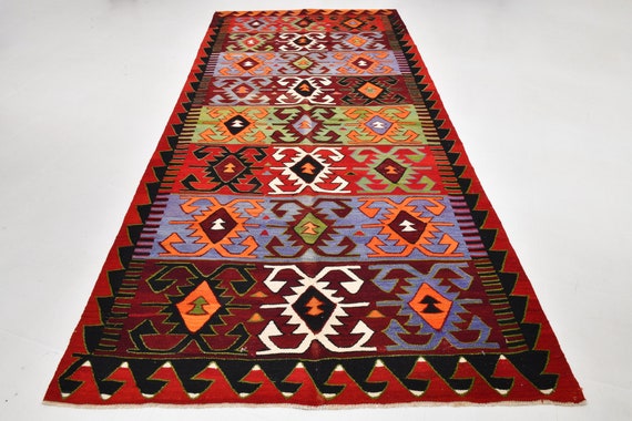 5x12 Area Rug, 5x12 COLORBLOCK TRIBAL KILIM Rug, 5x12 Vintage Kilim Rug, Area Rug 5x12, Turkish Kilim 5x12, Burgundy & Blue Kilim, Antique