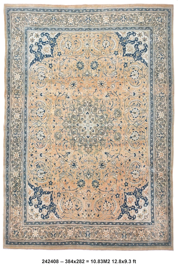 9x12 Peach & Navy Blue Persian Rug, Oversize Persian Rug Large Area Rug 9x12 Rugs Handmade Wool Rug, 9x12 Medallion Floral Area Rug.