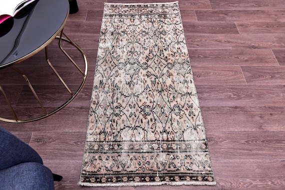 2x5 Small Vintage Accent Rug, 2x5 Green Peach Color, Floral Design, 2x5 Bath Mat, 2x5  Door Mat, 2x5 Accent Rug, Vintage Rug, Small Rug